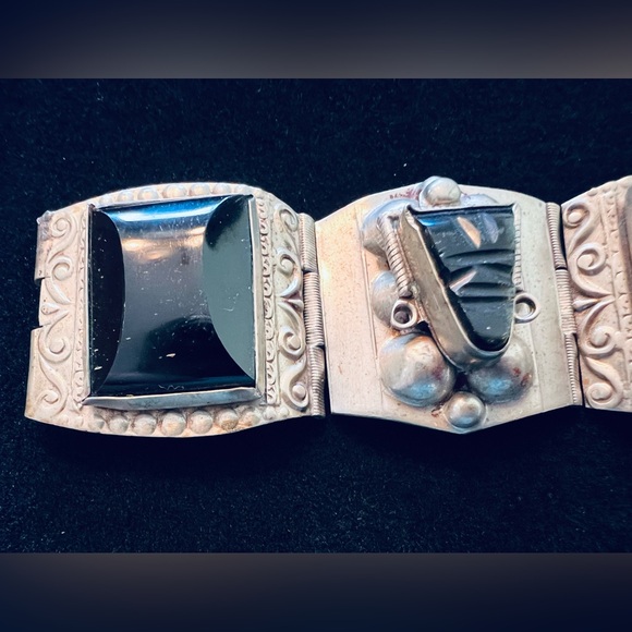 Vintage 1940s Onyx Sterling Hecho Mexico En Hecho Panel Bracelet 7 1/2" - Picture 4 of 11